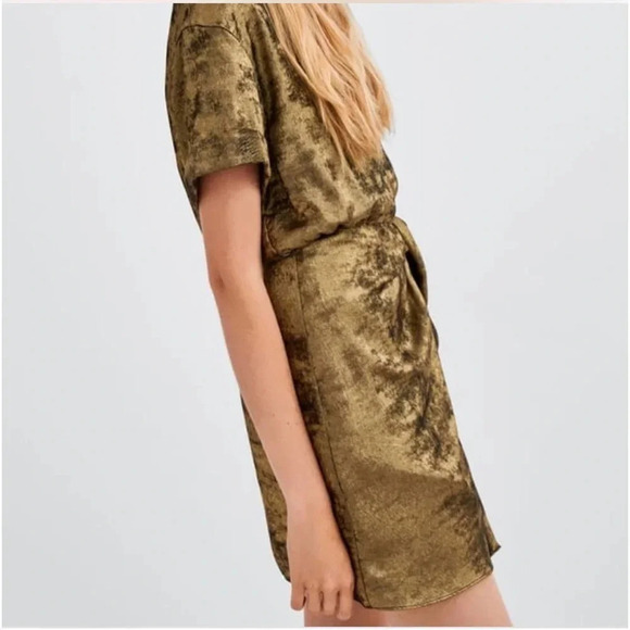 ZARA Gold Mini Dress Tie Waist - Picture 3 of 11
